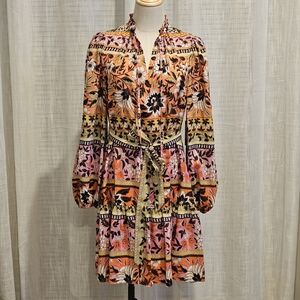 Vince Camuto 3/4 Puff Sleeve Ruffled  Split Neck Tiered Hem Midi Dress: Floral